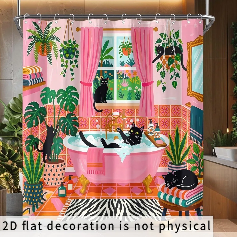 Whimsical Cat and Plant Pattern Shower Curtain Waterproof Bathroom Decor Liner Cute Tropical Kitty Shower Screen for Kids