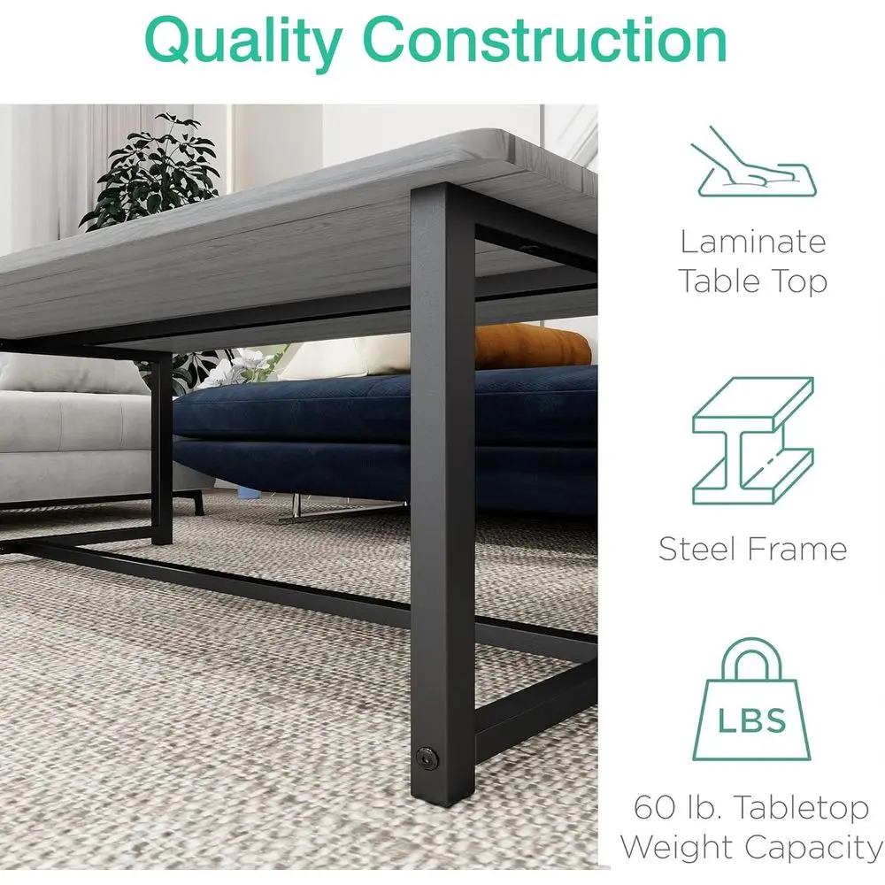 Mid-Century Rectangular Wooden Coffee Table with Metal Frame, Grey Finish, Easy Assembly for Living Room