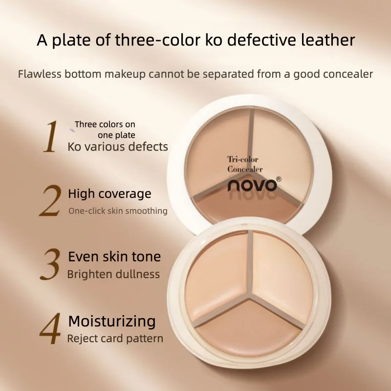 

Трехцветный консилер NOVO покрывает темные круги, следы от прыщей, пятен на лице, тусклость и осветляет. Водонепроницаемая пластина для консилера