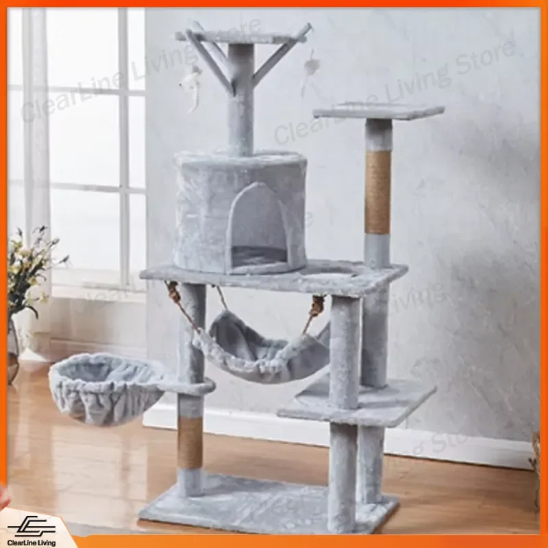 

Cat Tree Scratching Post Climbing Frame with Condo Hammock Platform for Indoor Cats Play Rest Exercise All-in-One Pet
