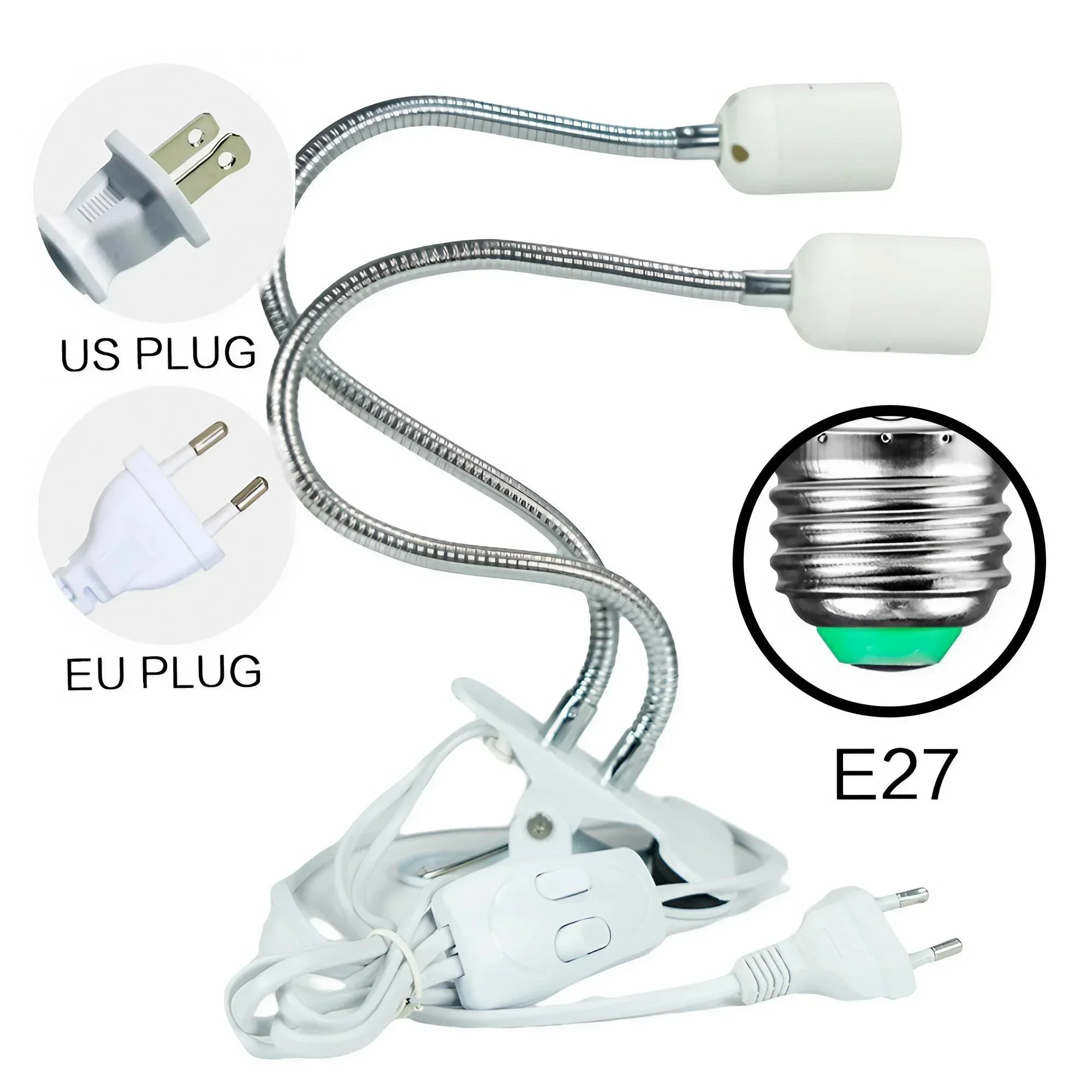 E27 Dual Head LED Light Socket Clip 360 Degree Rotatable Adjustable Creative Lamp Holder for Various Lighting Scenes Multi Functional Double Bulb Fixture Holder Bendable Gooseneck Desk Light Base Plant Growing Lamp Stand