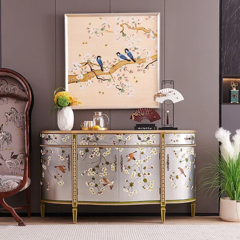 

French Painted Flower and Bird Silver Solid Wood Semi-Round European American New Chinese Style Entrance Decoration Cabinet