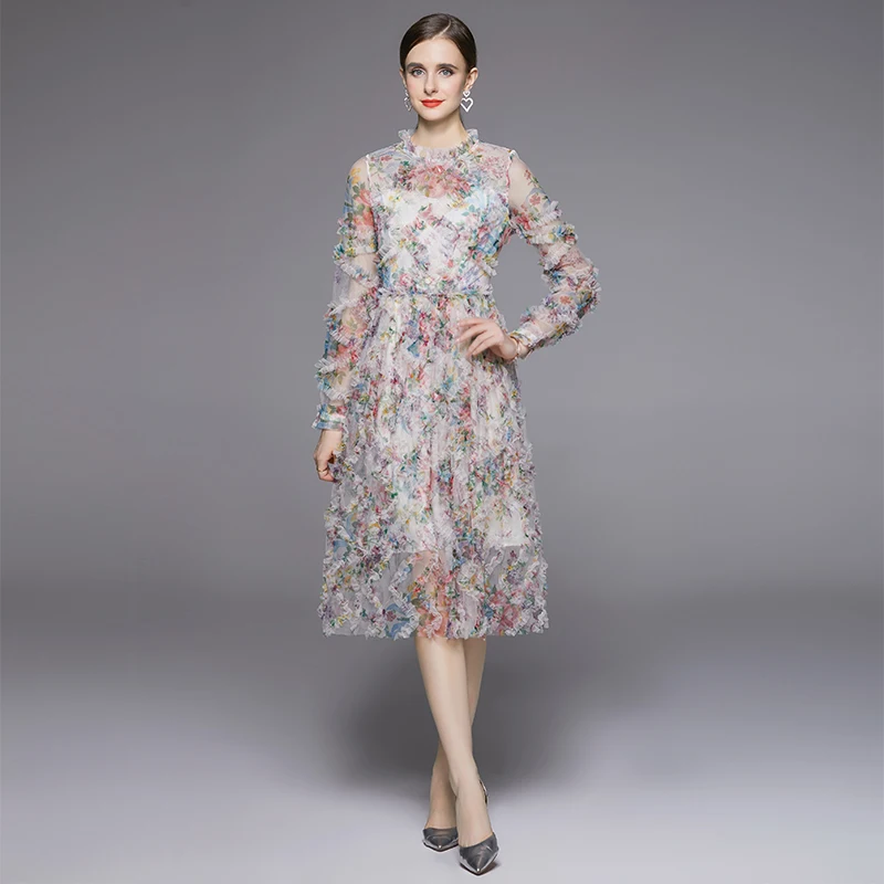 Vestido E de Chiffon com Manga Longa para Outono e Inverno, Saia em Camadas de Cintura Alta, Manga Princesa, Estampa F...