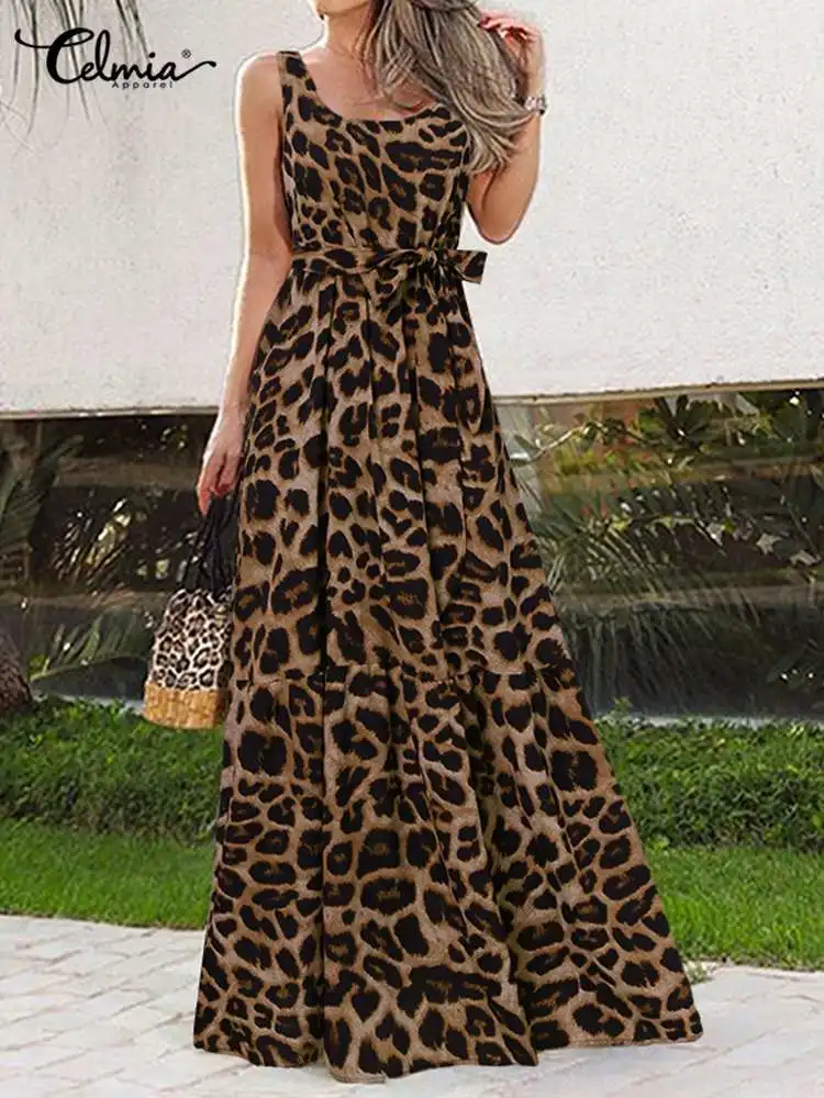 Celmia Women Sleeveless Leopard Print Maxi Dress 2024 Summer Elegant Sexy Party Vestidos Casual Loose Swing Batle Beach Sundress