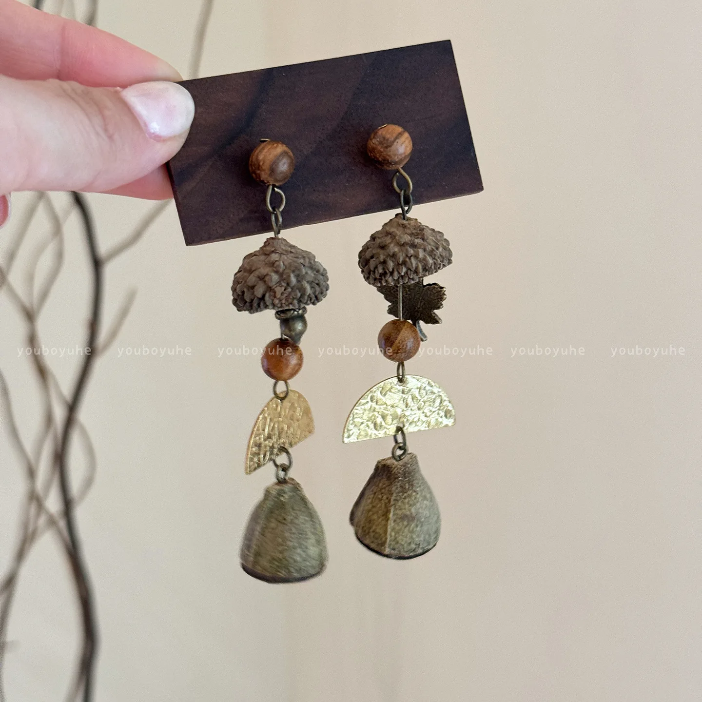 Earrings Long Dangle Eucalyptus Pod Pendant New Chinese Rustic Forest Style Rose Gold Tone Lightweight Durable Handmade forWomen
