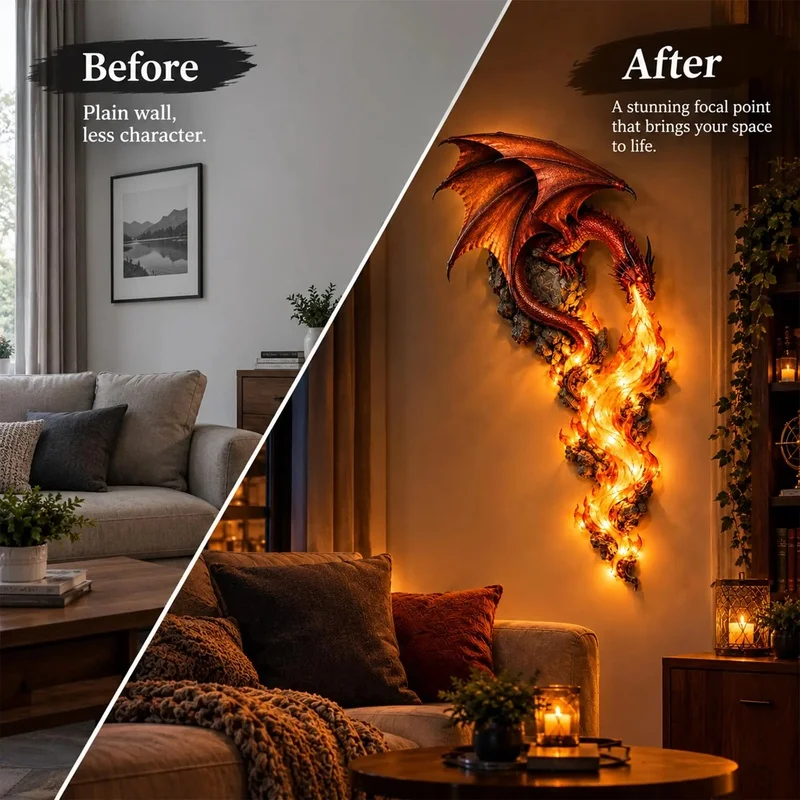 Dragon Wall Sculpture LED Light Fire Breathing Dragon Wall Art Decor Resin Statue Ornament for Home Living Room Gothic Wall Hang - view 5