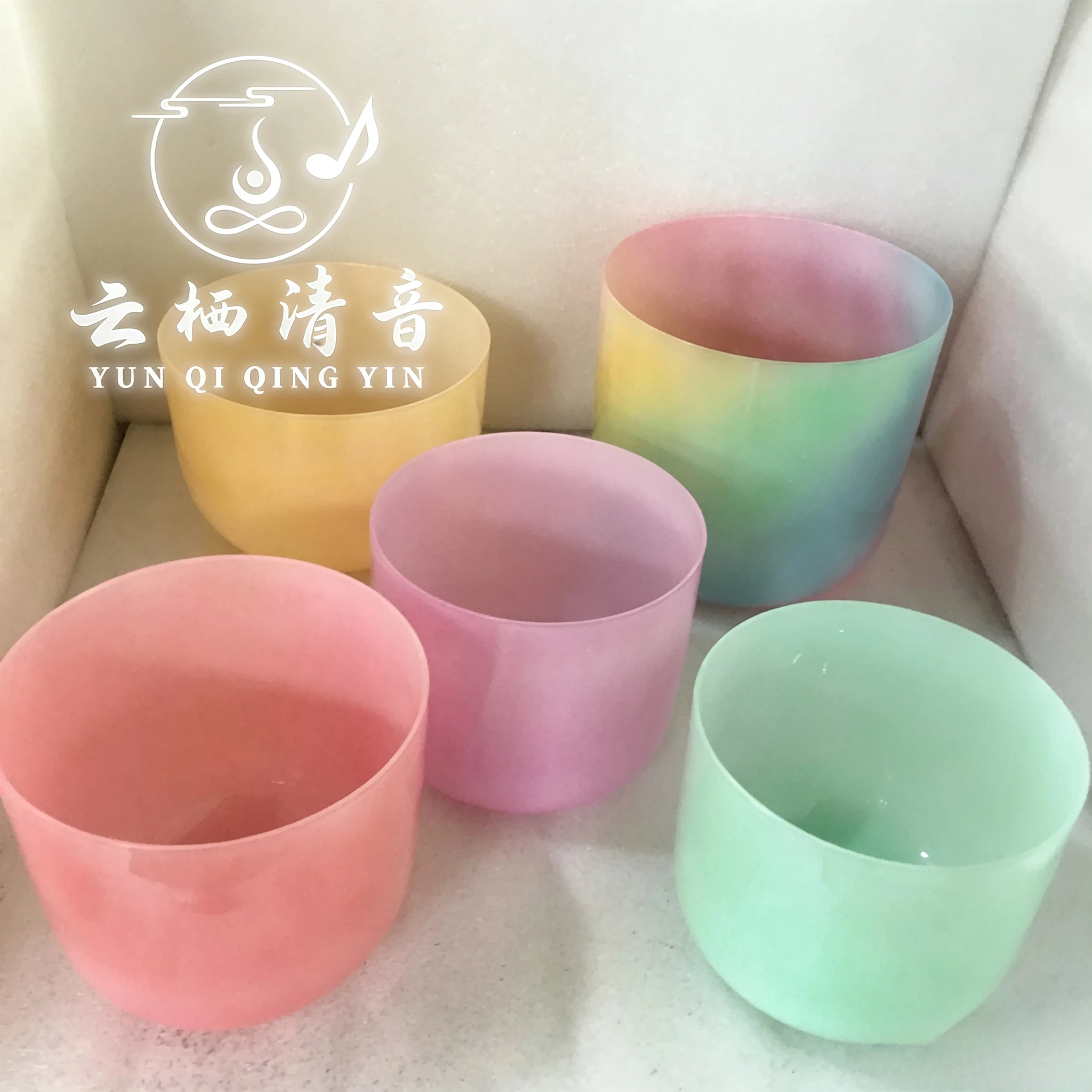 YUN QI QING YIN Pastel Color Crystal Singing Bowls Set 432Hz 3rd Octave Sharp Notes C# D# F# G# A# Sound Bath Yoga Percussion Bowl