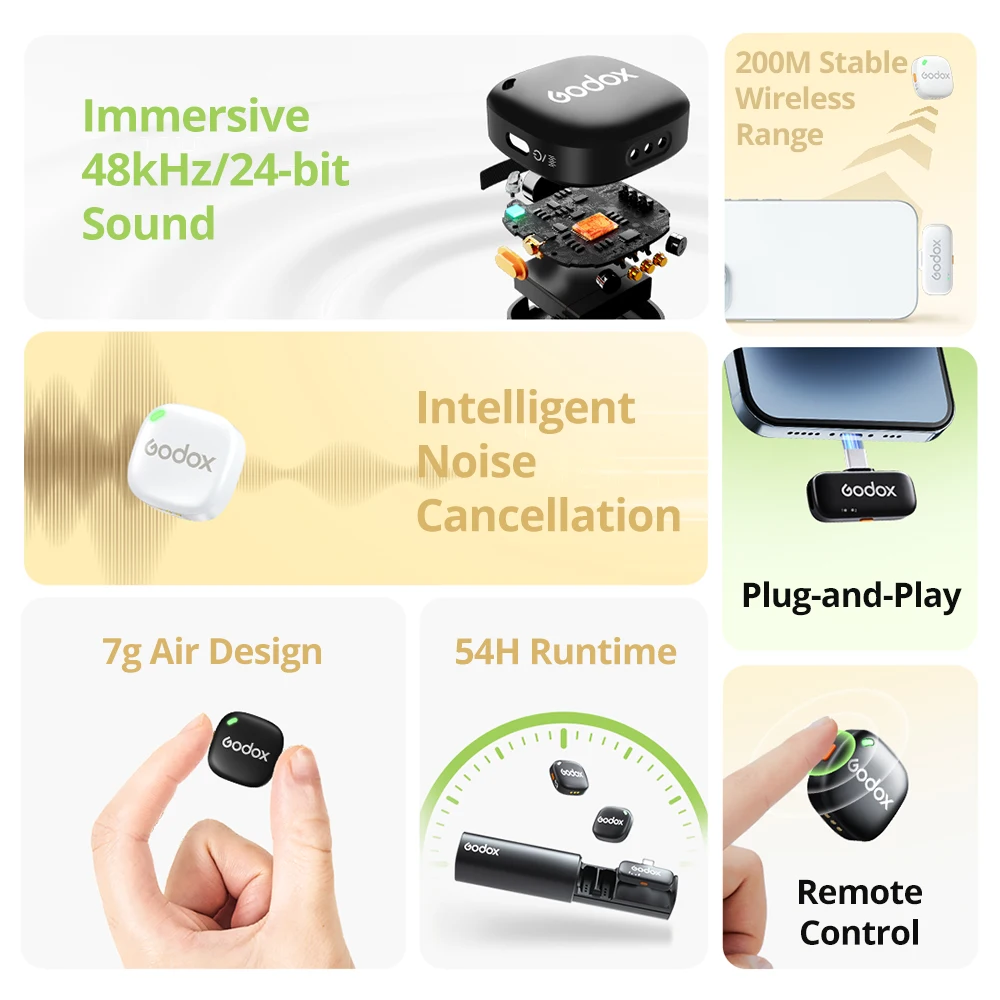 

Беспроводной мини-микрофон с воротником, 48 кГц, 24 бит, интерфейс Godox C01, Type-C, уличная запись видеоблогов, специальное шумоподавление, 200 м