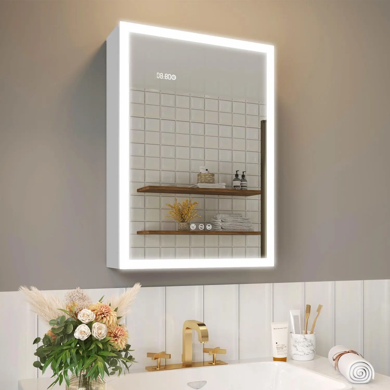 20×28 Inch Bathroom Medicine Cabinet with Lights, LED Cabinet with Mirror, Lighted Bathroom Medicine Cabinet with Stora