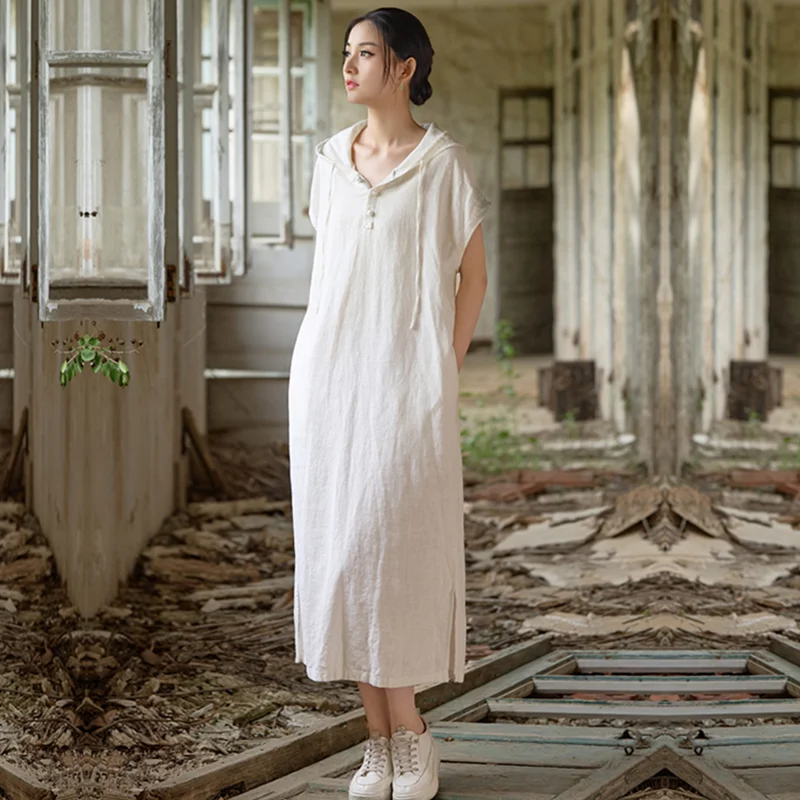 

Sleeveless Dress Long-Length Literature and Art Retro Spring Summer Cotton and Linen Loose Thin National Style