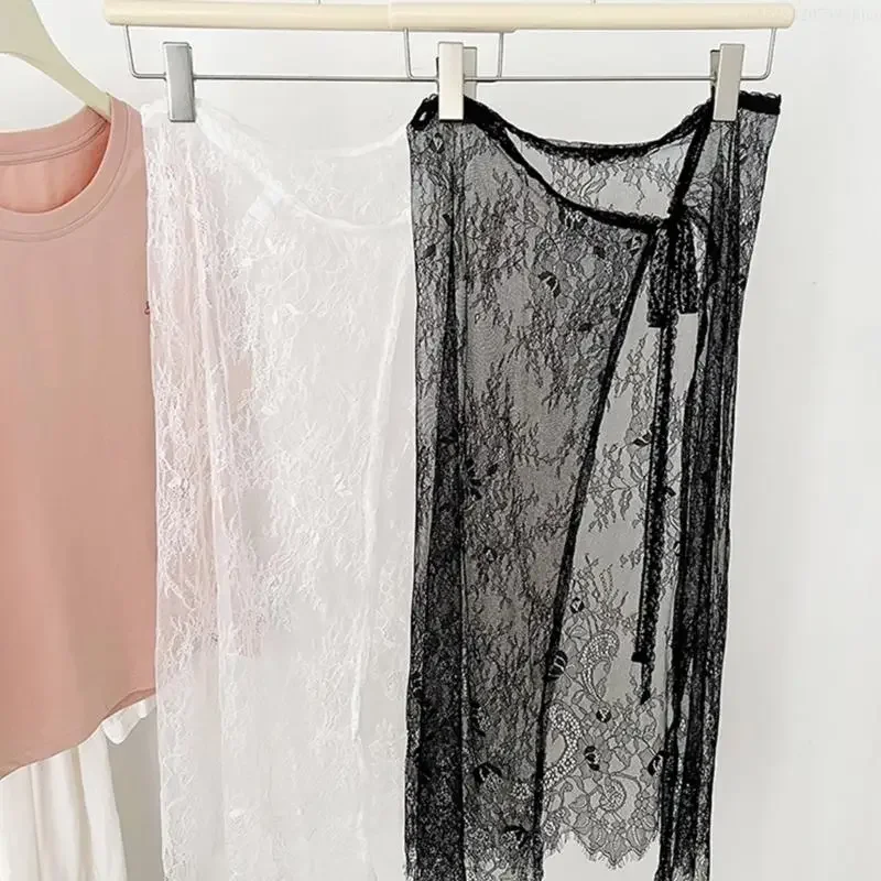 Women Aesthetic Flower Pattern Eyelash Lace Layering Apron Skirt Vintage Tie Up See Through Hip Covering Skirt Overskirt
