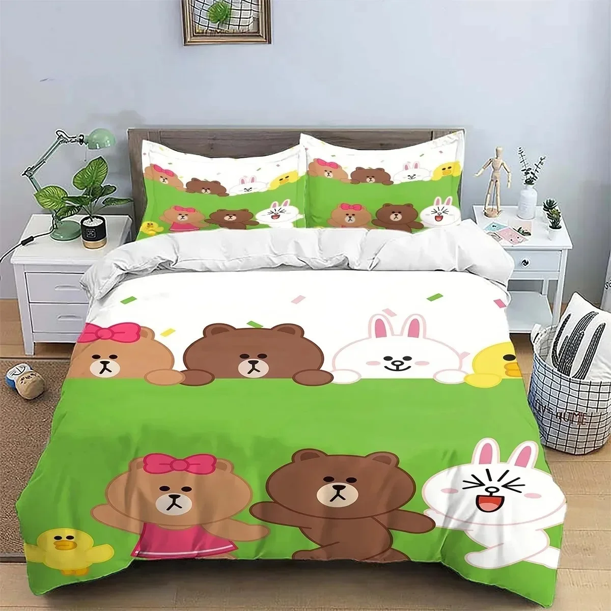 3D-Bettbezug und Kissenbezug mit Cartoon-Motiv B-Braunbär und C-Kaninchen, doppeltes Bettwäscheset, Schlafzimmerdekoration, Geschenk für Mädchen und Jungen