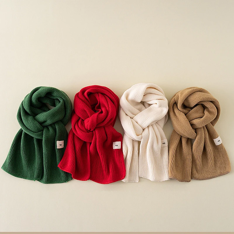  Solid Color Woolen Knit Scarf Winter Warm Children Neck Covers Windproof Anti-Cold Kids Neckerchief Baby Long Scarves 127cm