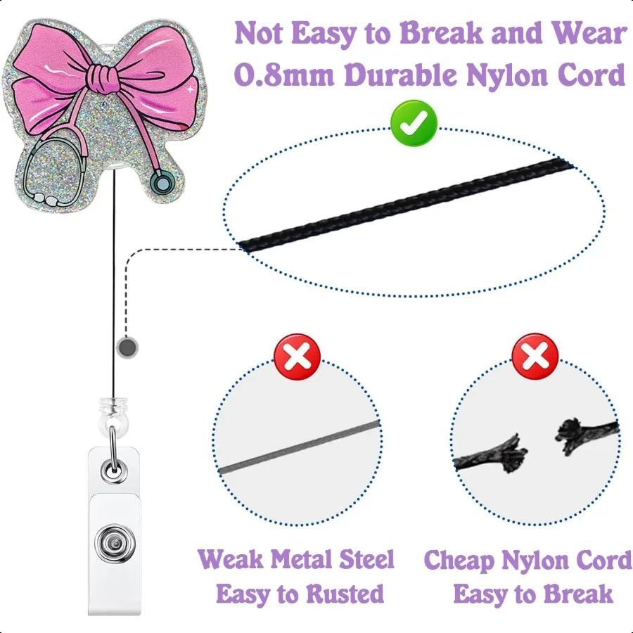 الوردي القوس سماعة الطبيب شارة بكرة قابل للسحب للتمريض RN CNA LPN ومساعد طبي لطيف الهدايا Coquette القوس معرف اسم شارة