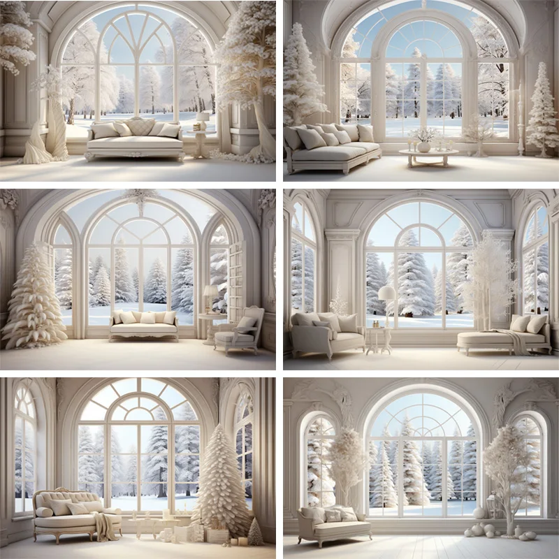 

Winter Christmas White Frosted Luxury Room Window Backdrop Soft Sofa Xmas Tree Decor Background Kid Family Portrait Photo Studio