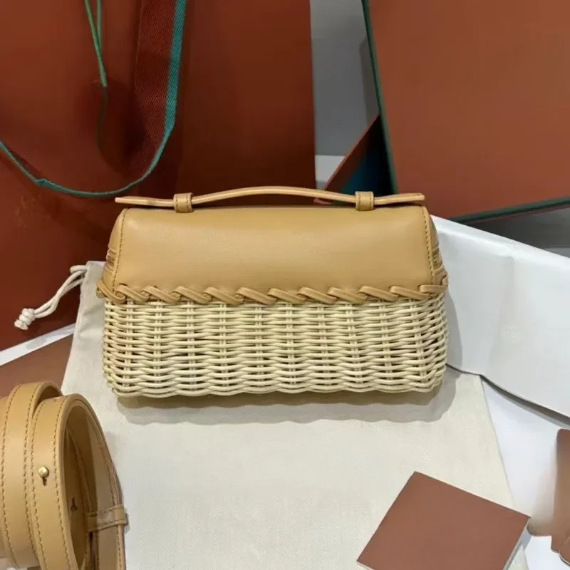 Women Bamboo Rattan Lunch Box Bag Handwoven Leather One Shoulder Crossbody Handheld Purse New Style Natural Material Fashion