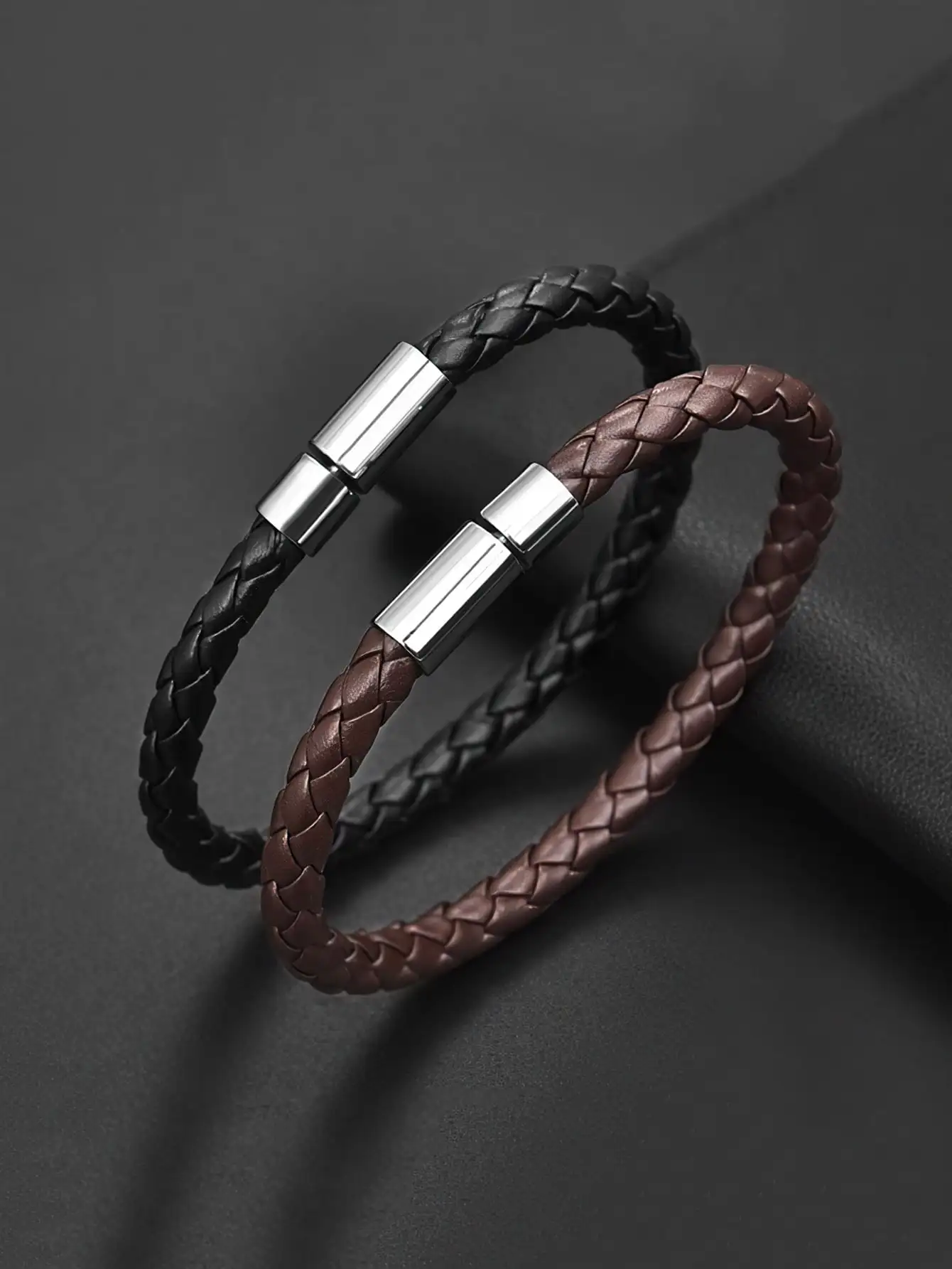 2PCS Black Plus Brown PU Leather Men's Magnetic Suction Bracelet Business The Mature and Elegant Gift for Men