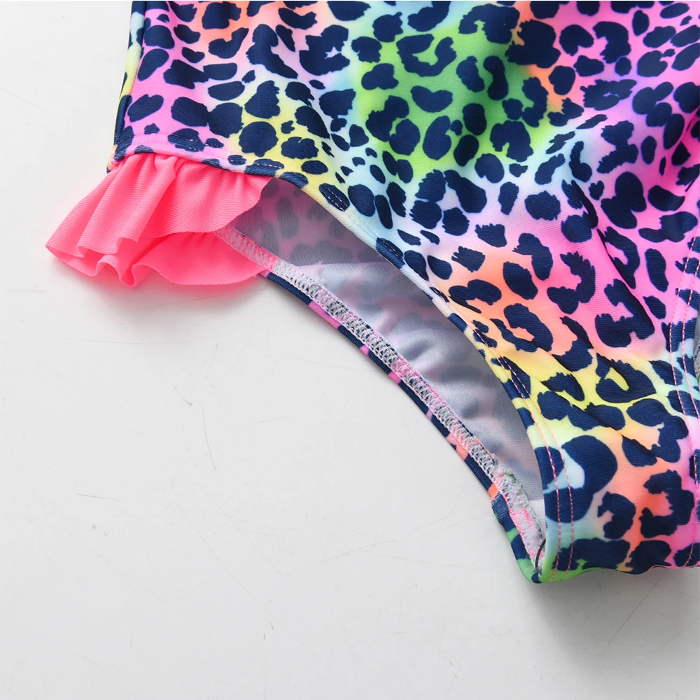 VIKITA الفتيات قوس قزح ليوبارد طباعة قطعة واحدة ملابس السباحة الاطفال موضة ملابس الشاطئ السفر عطلة ملابس السباحة الأنيقة لمدة 4-10 سنوات