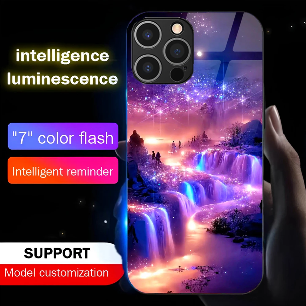

Brilliant Galaxy Sky Smart LED Light Glow Tempered Glass Phone Case For iPhone 16 E 15 14 13 12 11 Pro Max XR XS Plus SE Mini