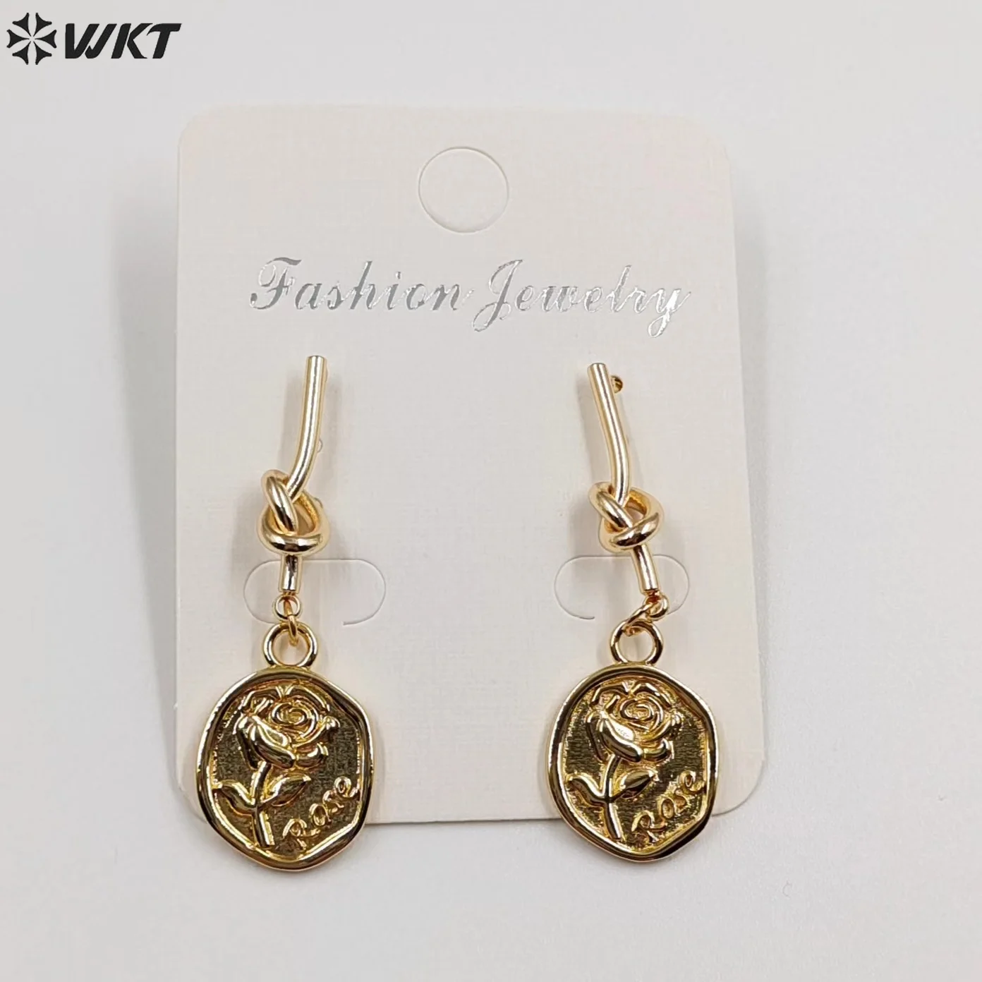 WT-E731 Simple 18K Real Gold Plated Resist Tarnishable Brass Metal Rose And Angel Lovely unique Earrings Gift for Friends