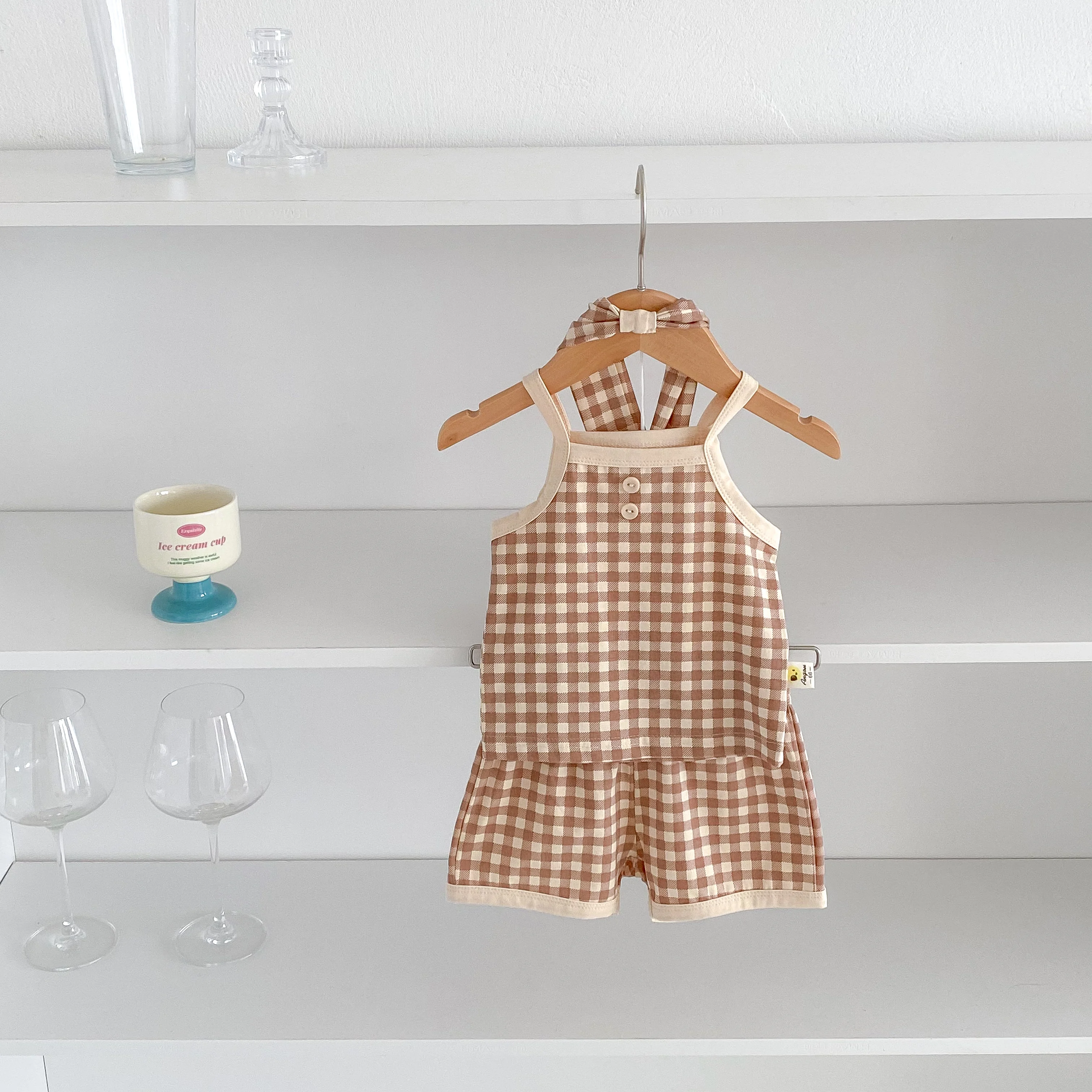 INS Summer Baby Halter Set for Boys and Girls - Checkered Cool T-Shirt + Short Pants for Casual Home Wear