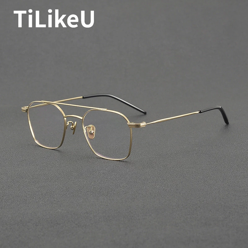 

7.6g Ultra Light Pure Titanium Pilot Double Beam Eyeglass Frame Brand Designer Men Retro Large Face Myopia Optical Glasses Women