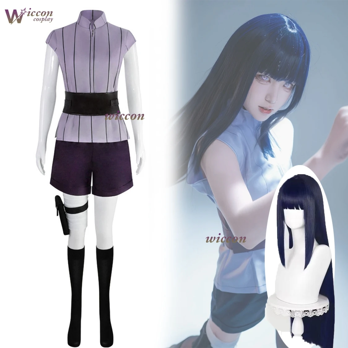 WonkaCos Hyuga Hinata Cosplay Costume Wig Women Outfits Halloween Carnival Party Suit Purple Long Cute Wig