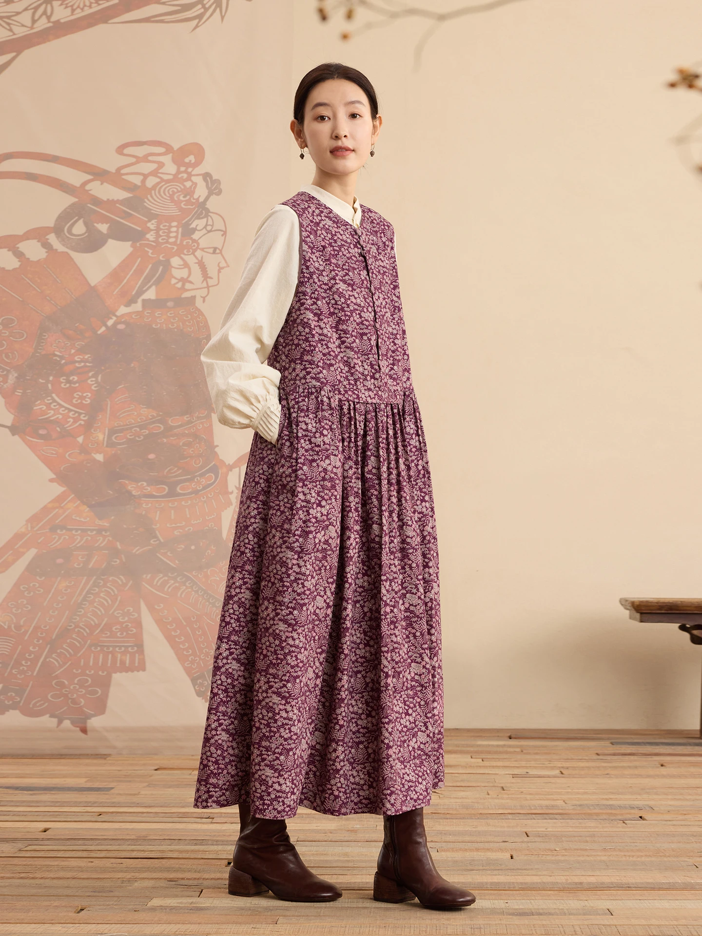 

Оригинальный хлопковый жилет Chun Guichu Daily Artistic 00 с цветочным принтом, комфортный, дышащий, свободного кроя, юбка А-силуэта