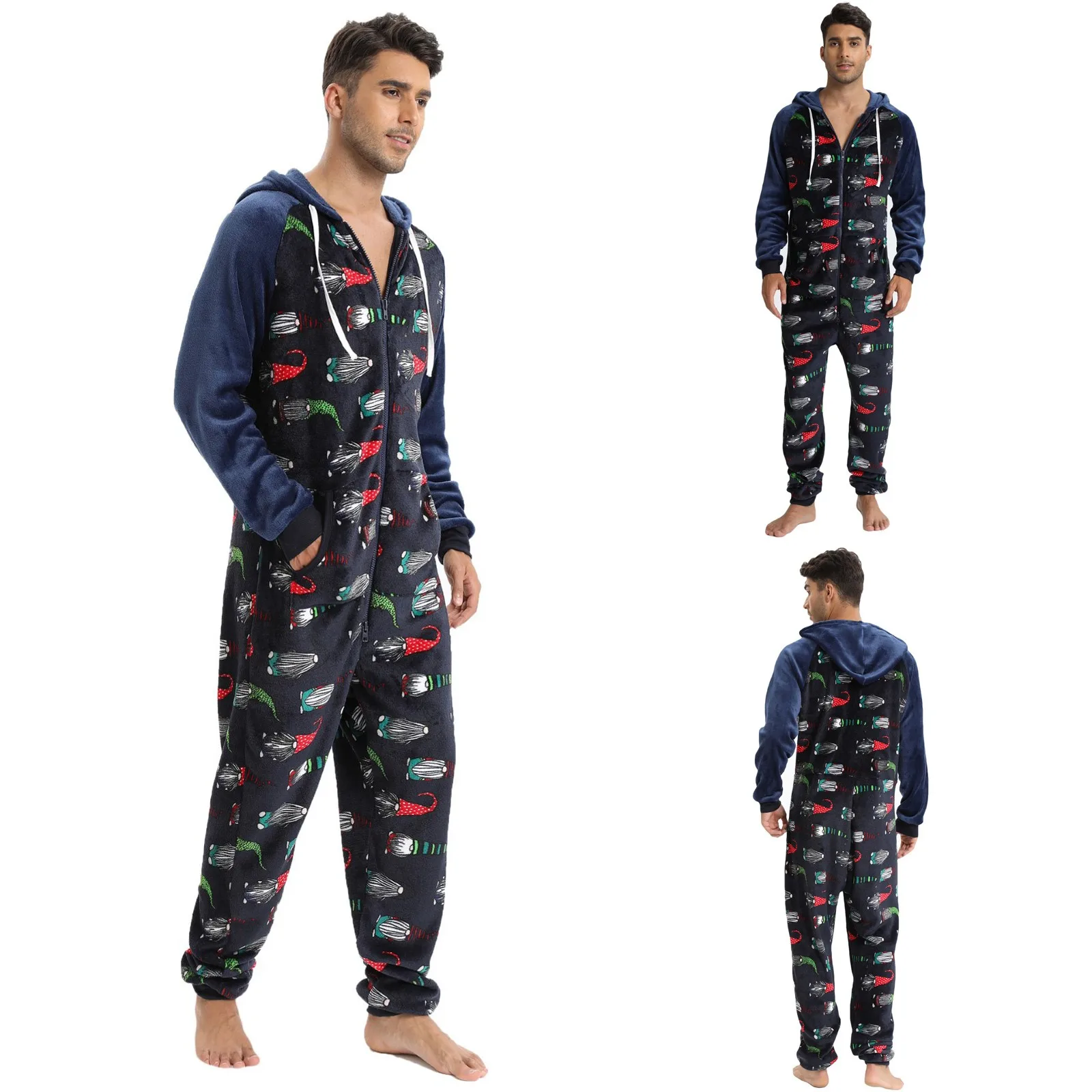 Male Autumn And Winter Leisure Travel print Loose Long Sleeved Warm Pajamas Home Clothes With Pockets Warm Jumpsuits sleepwear