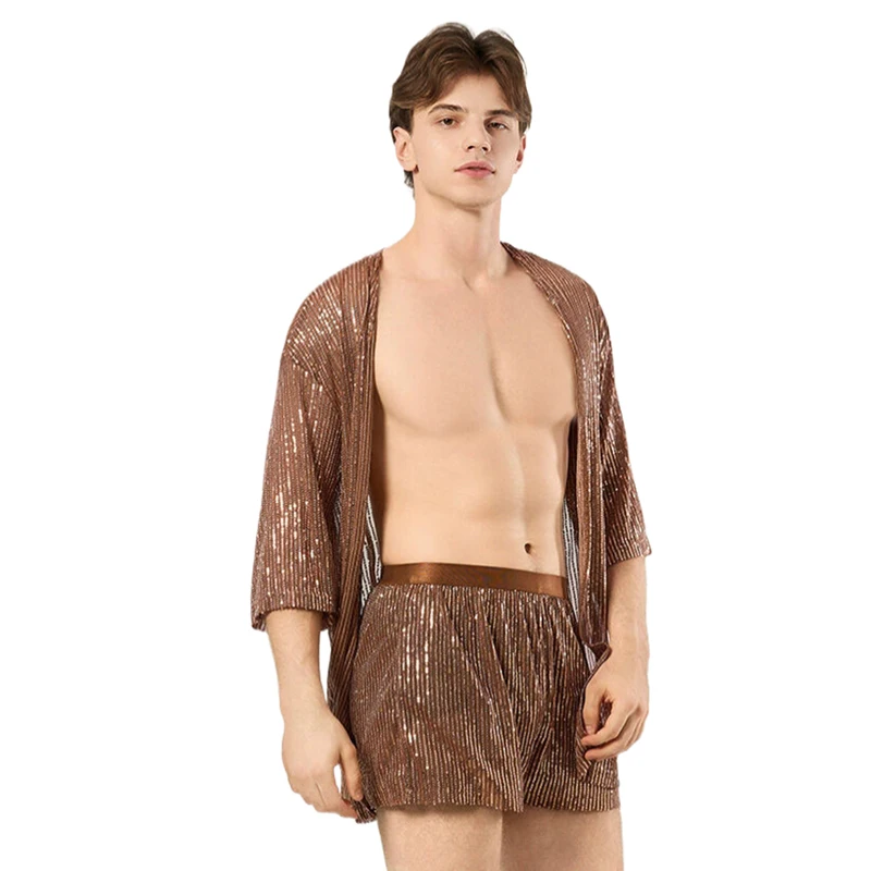 Herrenbekleidung 2-Teiliges Outfit Strickjacke Shorts Herren-Set Glitzernder Lockerer Strandüberzug Nachtclub Festival Rave Party Bühnenkostüm – Detail 8