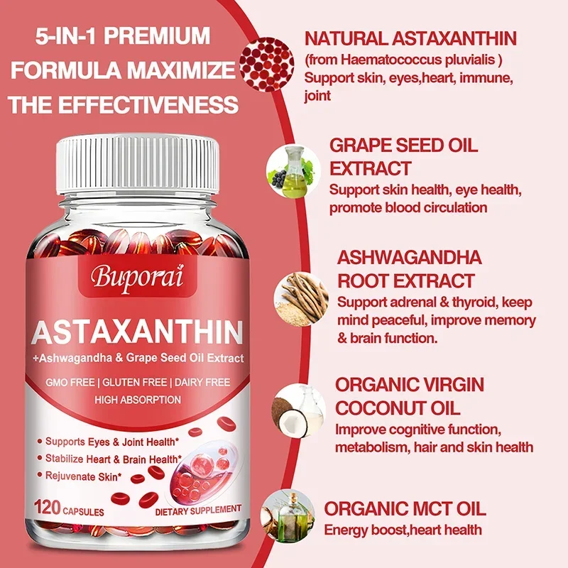 Cápsulas de astaxantina 24mg - com óleo de semente, Ashwagandha - apoia cardiovascular, olhos, articulações, saúde da pele, antioxidante