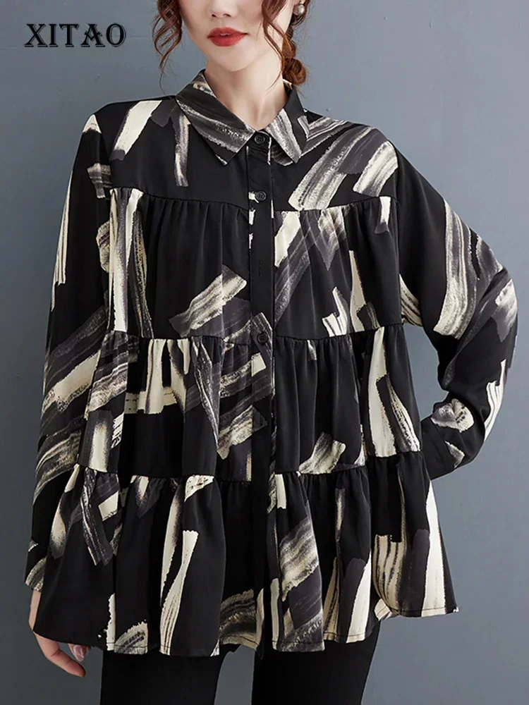 

XITAO Loose Print Folds Shirt Casual Fashion Single Breasted Women Spring New Trend All-match Turn Down Collar Top LYD1281