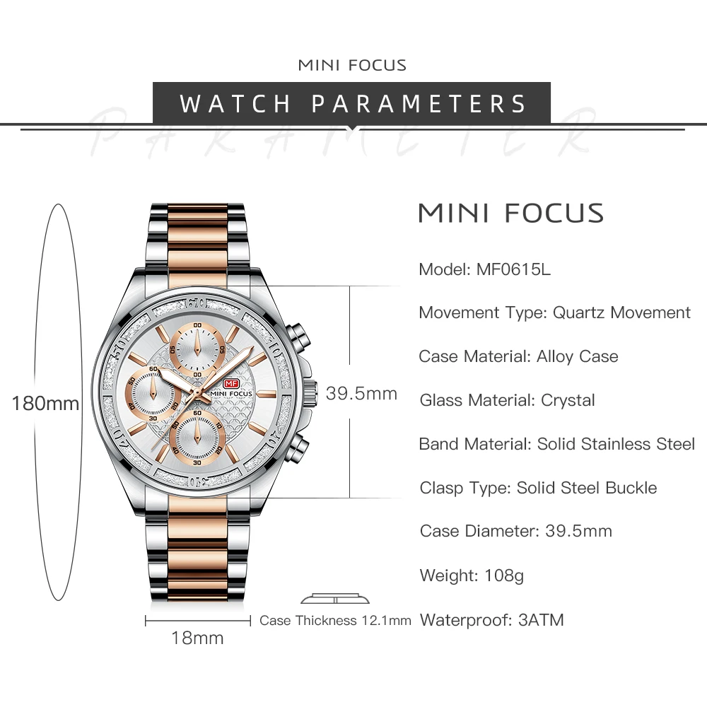 MINI FOCUS 0615L Luxury Diamond Quartz Watches for Women Waterproof Calendar Luminous Chronograph Steel Strip Reloj Mujer