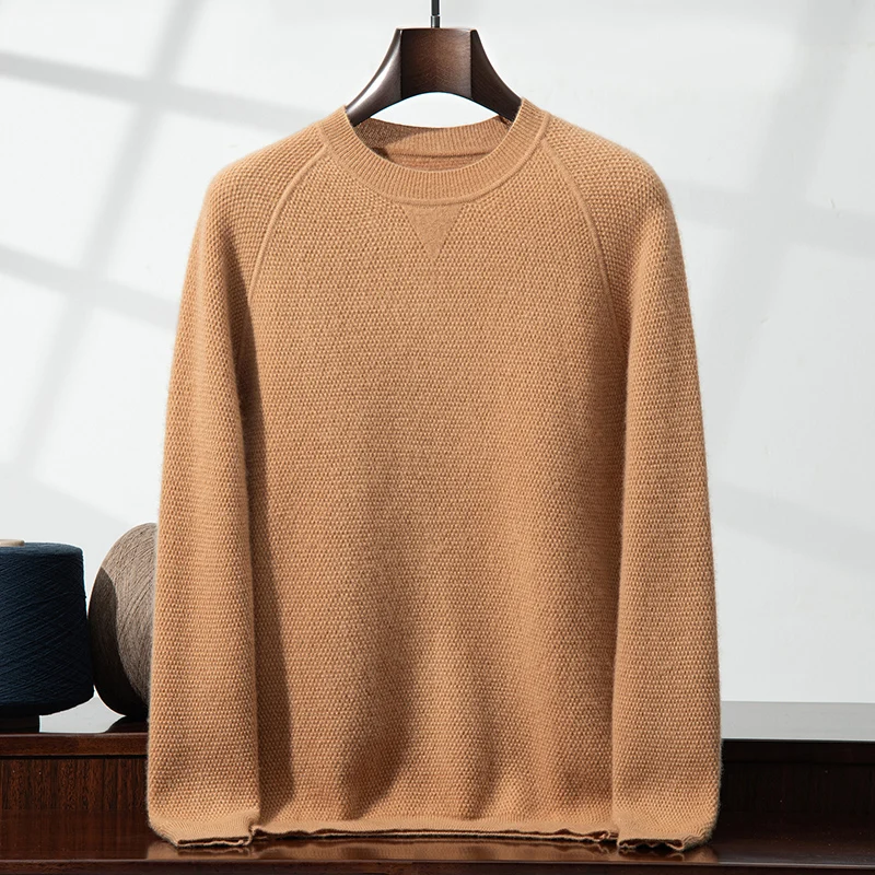 Honeycomb Knit 100% Cashmere Sweater Men's Round Neck Solid Color Raglan Sleeve Base Shirt Versatile Business Knitwear