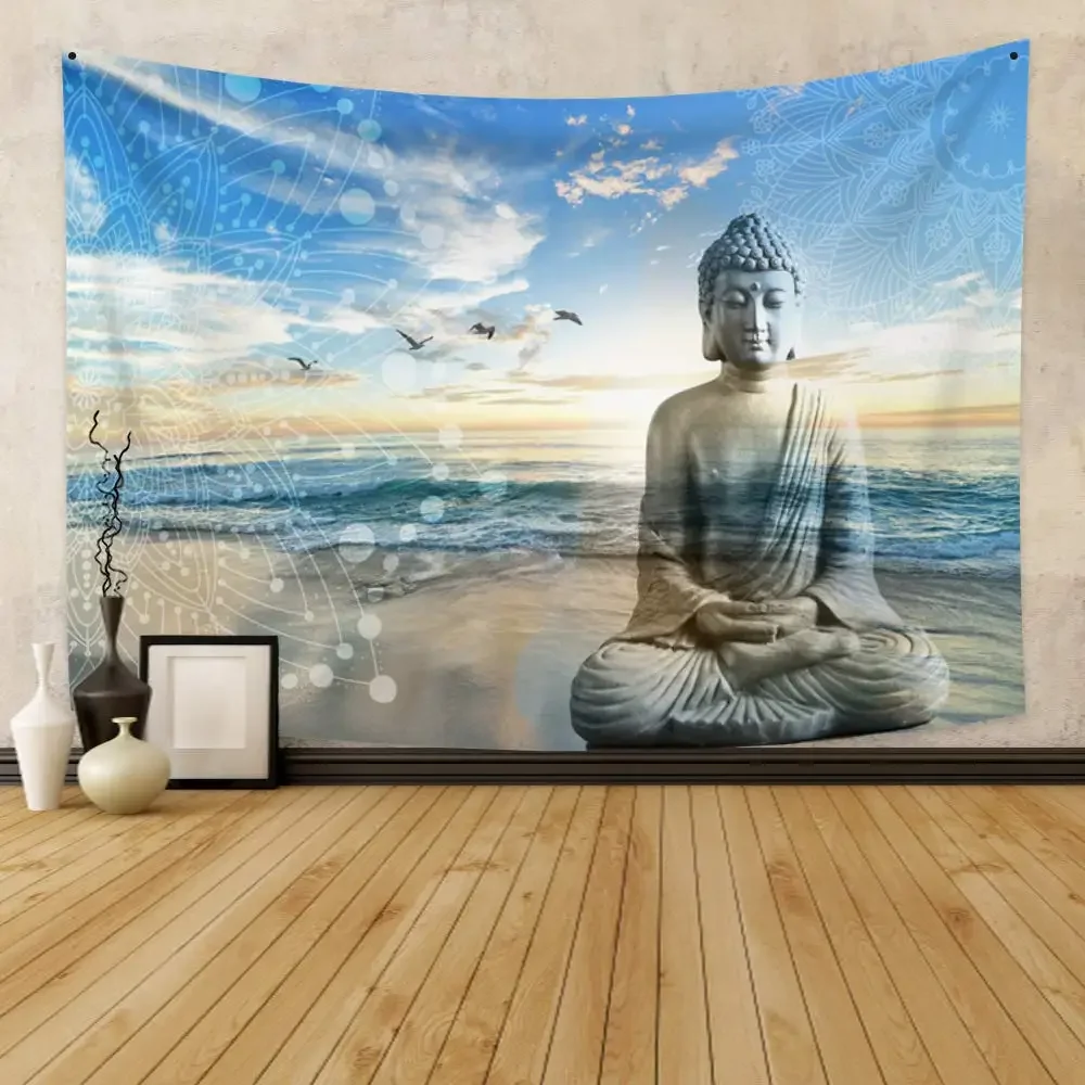 Indian Buddha Statue Meditation Tapestry Religious Belief Buddha Zen Tapestry Wall Hanging for Bedroom Dorm Living Room Decor