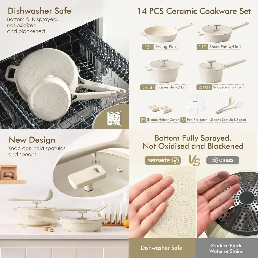 

14-Piece Non-Toxic Ceramic Cookware Set, Nonstick and Dishwasher Safe, Healthy Induction Kitchenware, Free of PFOA/PFAS/PTFE