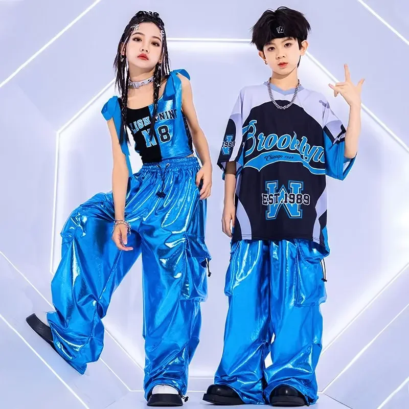 Kids Jazz Fashion Clothes Boys Girls Hip Hop Oversize Tops Pants Runways Show Outfit Cool Bright Blue Street Dance Costume image 3