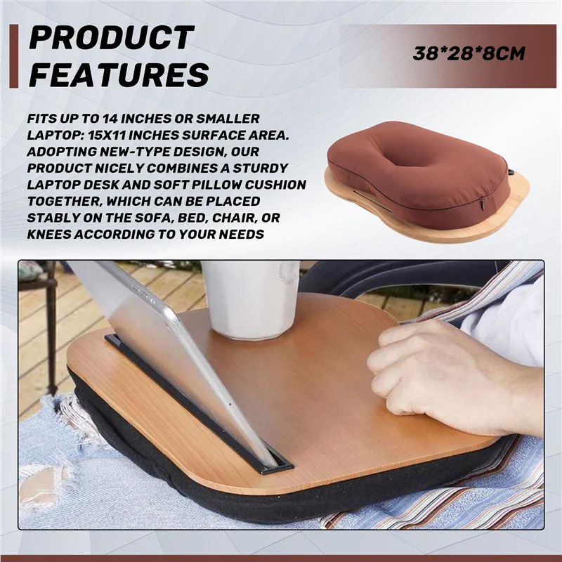 Scrivania per laptop con cuscino, parti del supporto per laptop con slot per tablet, tavolo da letto per computer da viaggio, supporto per laptop fino a 14 pollici-A