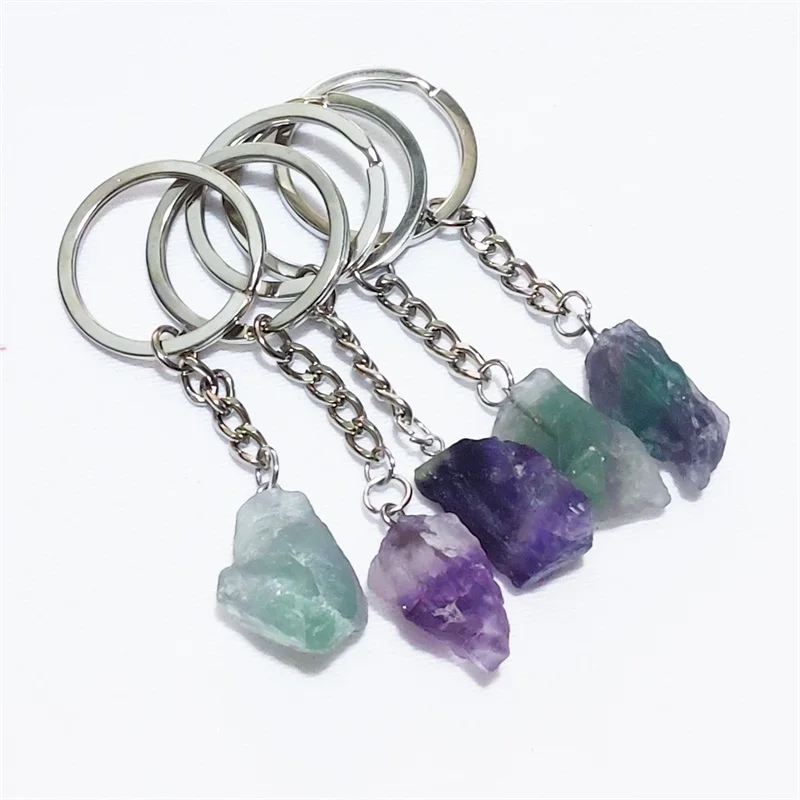 

10pcs Natural Rough Raw Stone Fluorite Crystal Quartz Keychain Women Men Handbag Car Key Holder Mineral Keyring Jewelry