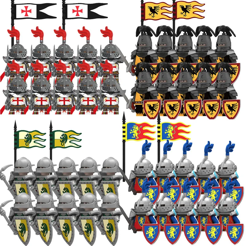 Chevalier médiéval troupes blindées soldats de l'armée ancienne, Mini équipement d'arme, modèle de drapeau, blocs de construction, jouets pour enfants, cadeaux d'anniversaire