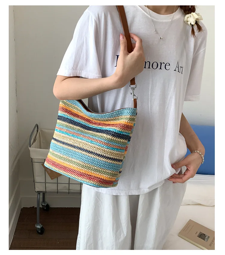 

"2025 Rainbow Braided Bucket Bag - Vibrant Straw Beach Bag , Women's Fashion Shoulder Purse for Summer"