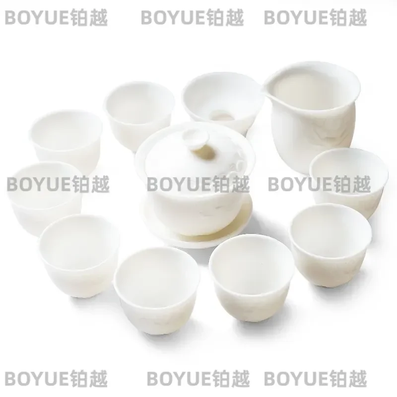 Hand Engraved Lotus Ceramic Kung Fu Tea Set Suet Jade Style Teapot Cup Gift Box Premium Holiday Present Traditional Chinese