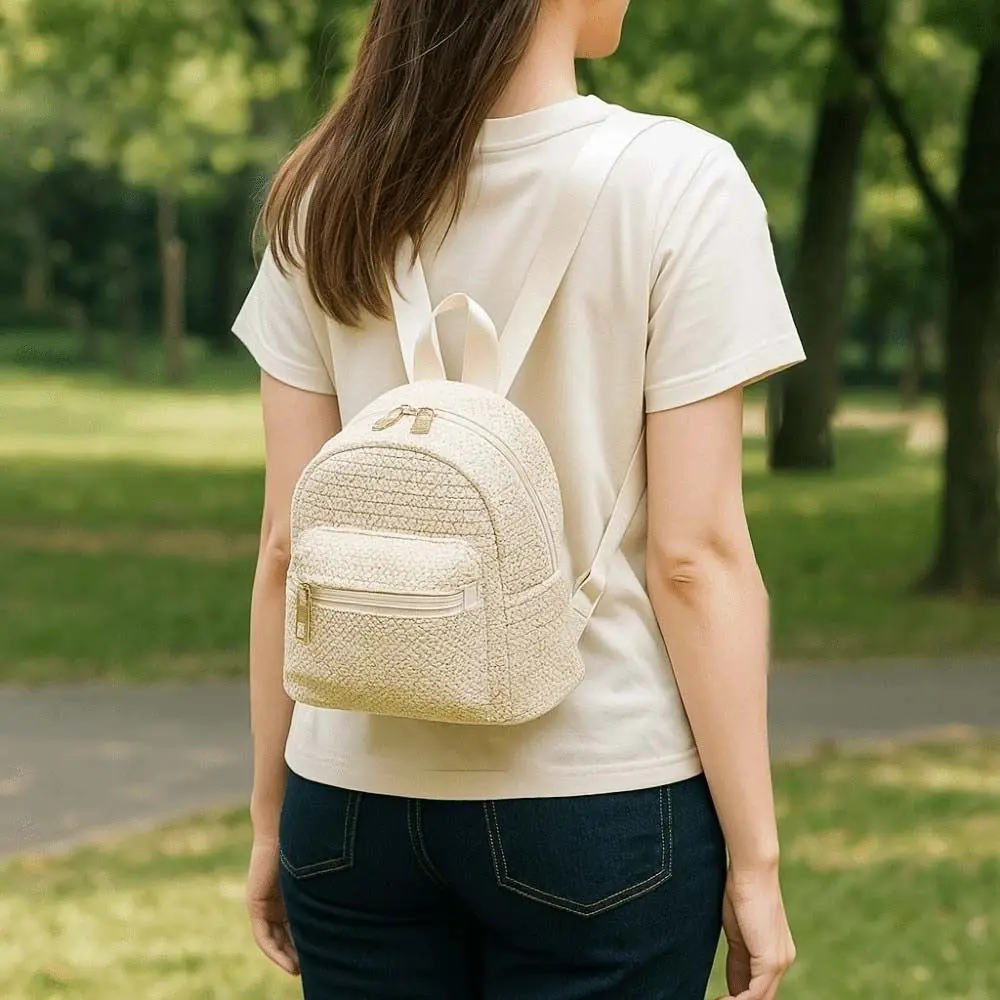 

Портативный тканый небольшой рюкзак, легкий рюкзак из соломенной ткани в этническом стиле, большая вместительная мини-школьная сумка из полиэстера