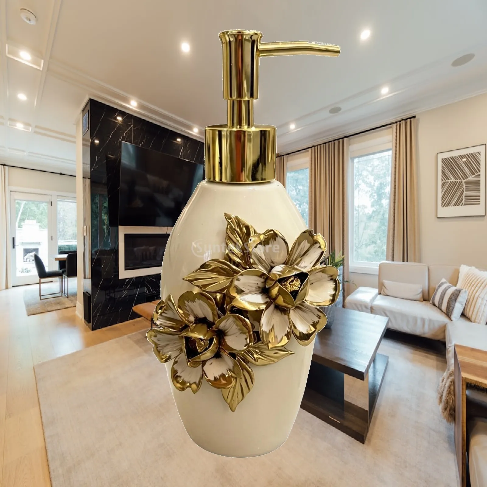Ceramic Soap Dispenser with Gold Pump Floral Raised Design for Bathroom Counter Luxury Liquid Lotion Bottle Holder