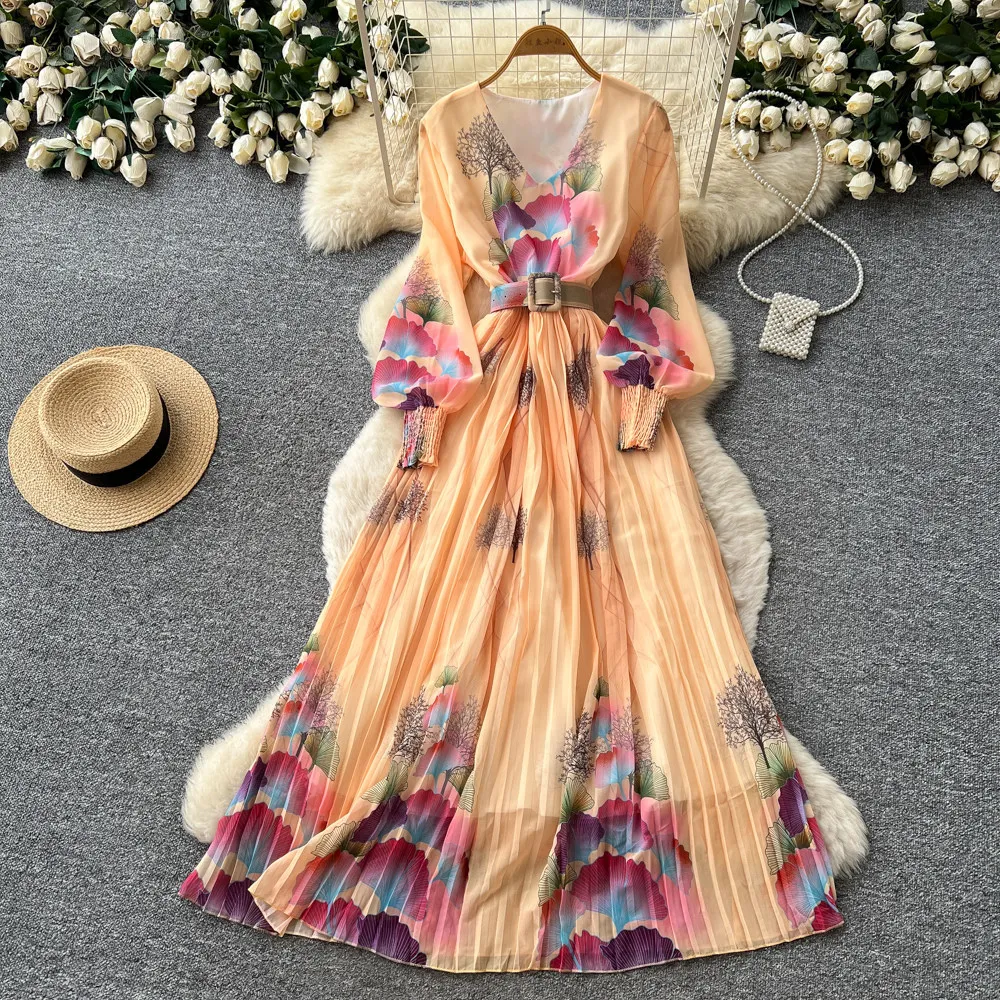

Women Long Dress Dresses A Line Vestidos Print Floral Y2k Streetwear V Neck Full Sleeve Elegant Tight Waist Party Night Slim Fit