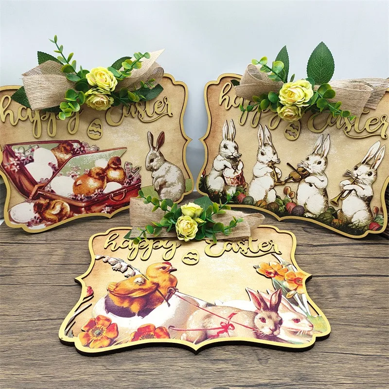 

Wooden Easter Day Decor Plaque Welcome Spring Creative 3D Handicraft Pendant Rabbit Chick Colorful Eggs Rural Style Door Hanging