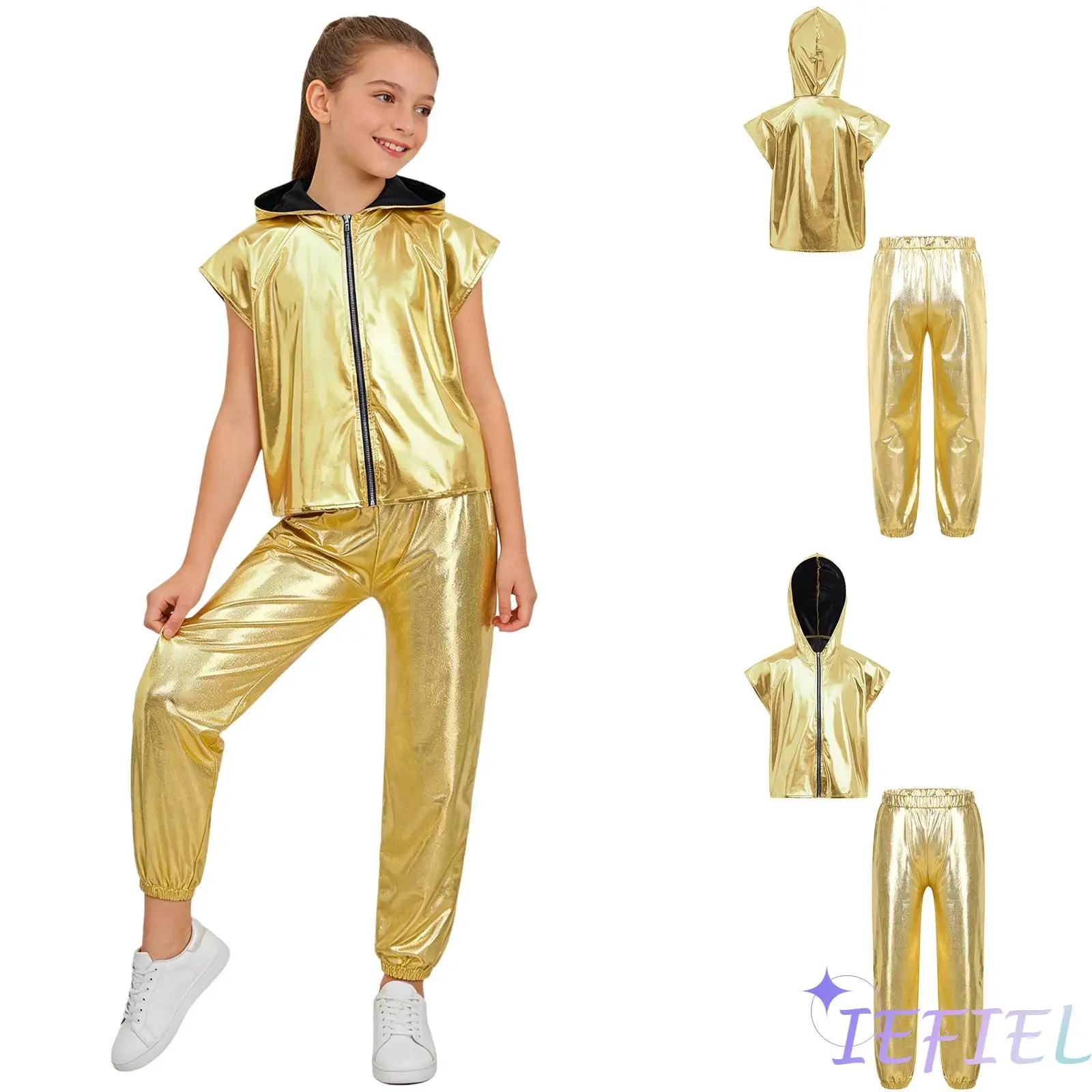 

Child Girls Jazz Performance Wear Sleeveless Metallic Hooded Vest with Zipper and Elastic Waist Shiny Dance Pants Streetwear