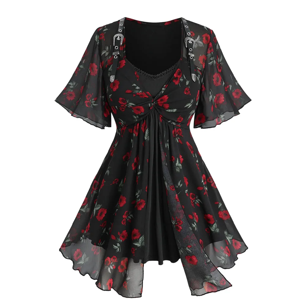 

ROSEGAL Plus Size 2-in-1 Blouse Floral Leaf Print Twist PU Strap Buckle Grommet Detail Casual Elegant Women's Top
