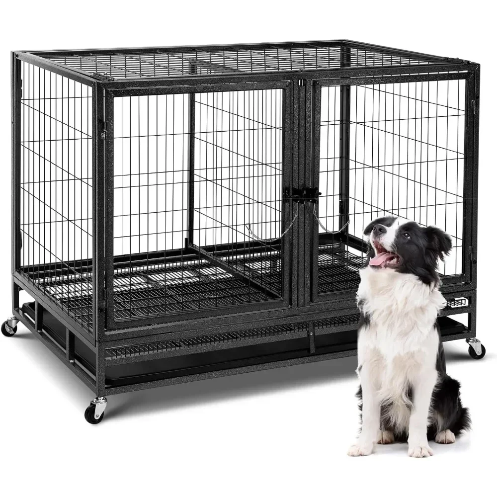 

Dog cage, indestructible dog cage, stackable functional dog cage, sturdy lock design, double door on wheels, removable tray