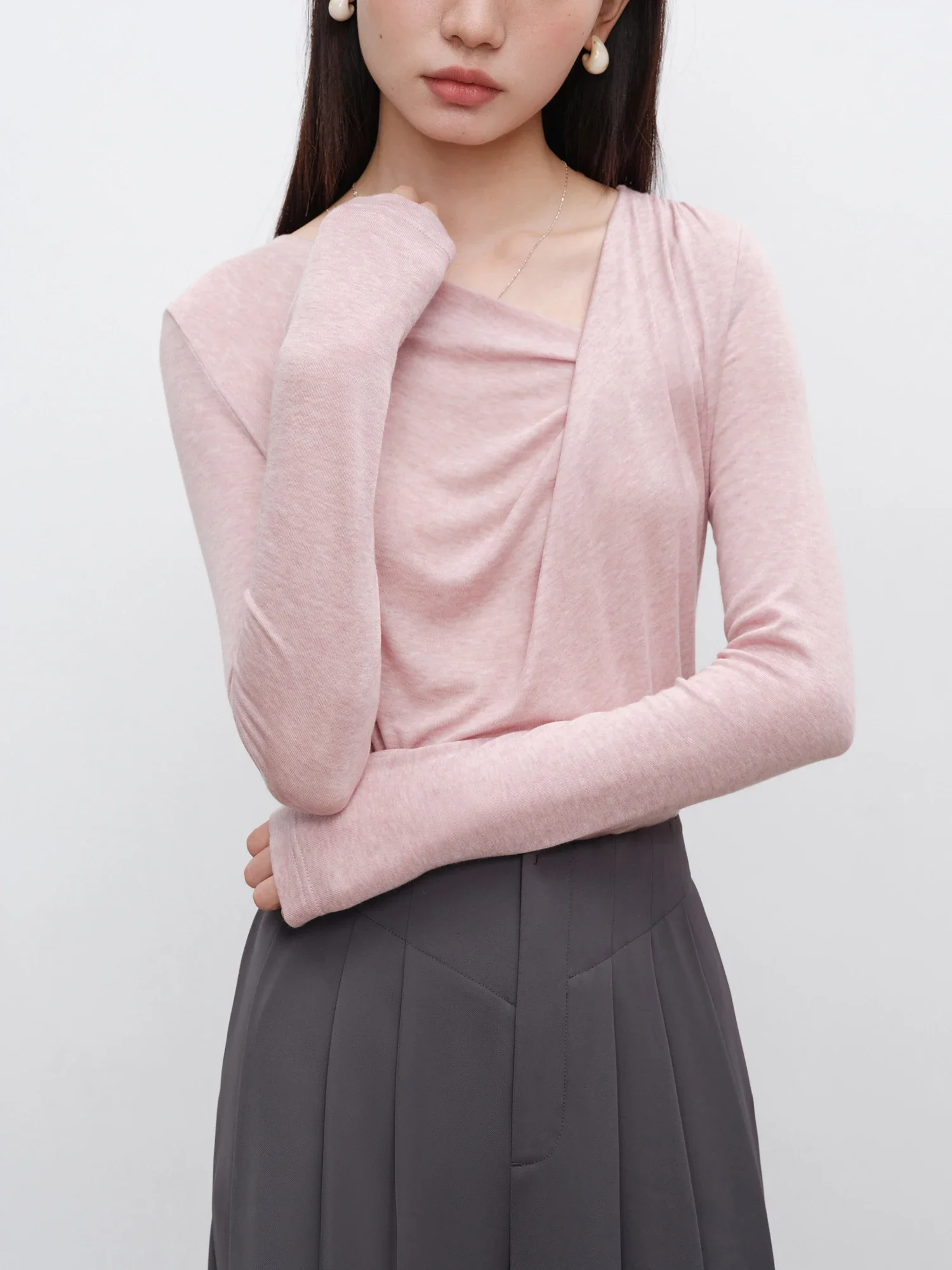 ZIQIAO 18.9% Wool Women Autumn Pink Gentle Slim Pullover Asymmetric Neckline Yellow Green Thin Sweater Long Sleeve Top 24ZQ93180